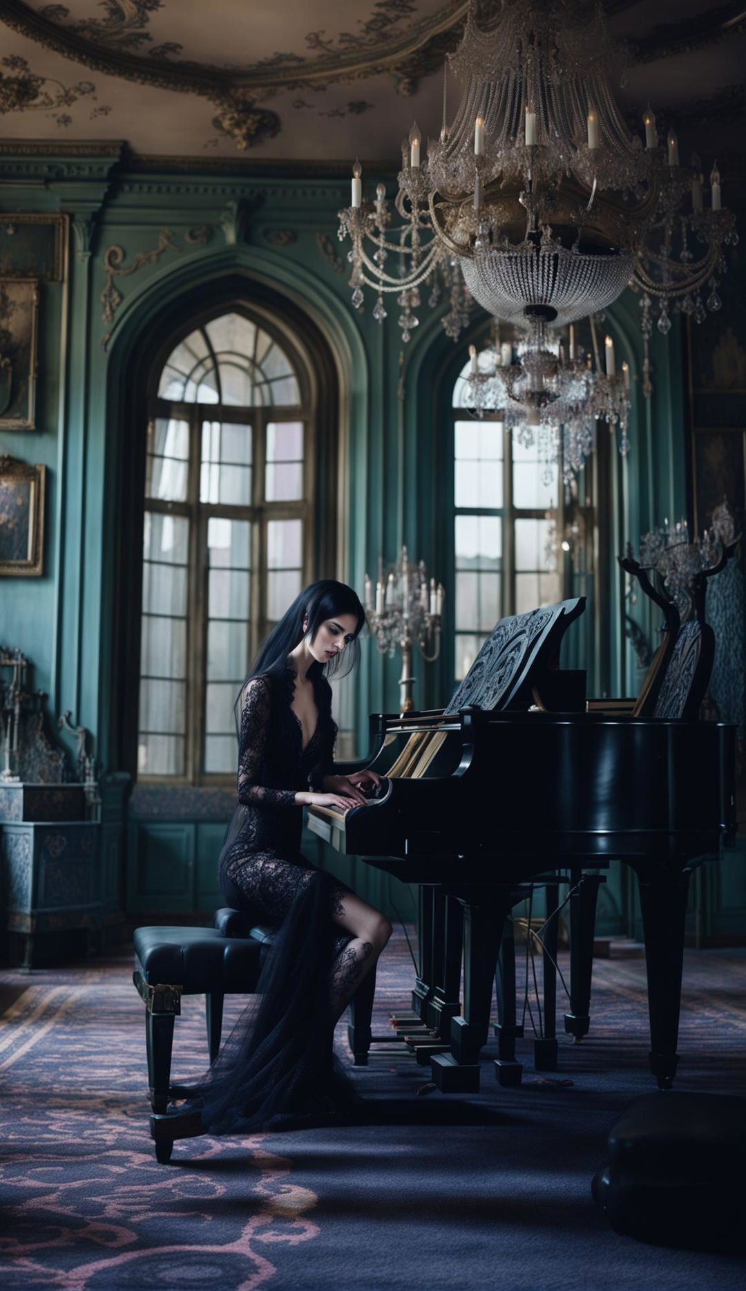 A pastel gothic castle interior with a beautiful gothic woman, her face perfectly symmetrical, dressed in Baroque style, playing a grand piano. A chandelier is lit behind her, and sunset light shines through a window.