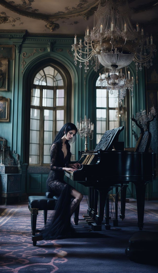 A pastel gothic castle interior with a beautiful gothic woman, her face perfectly symmetrical, dressed in Baroque style, playing a grand piano. A chandelier is lit behind her, and sunset light shines through a window.