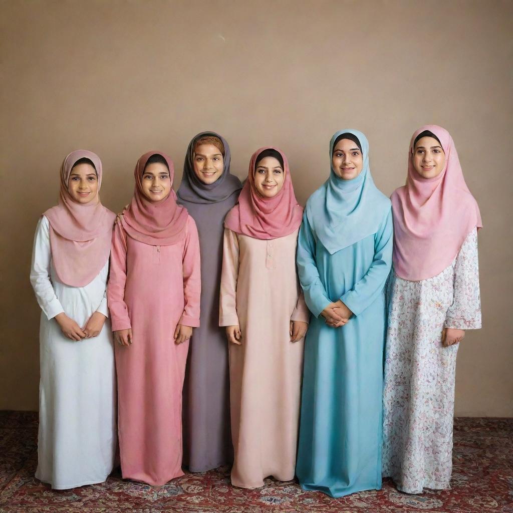 A respectful portrait of one brother standing next to his four sisters, all of whom are wearing hijabs and displaying warm family bonds.