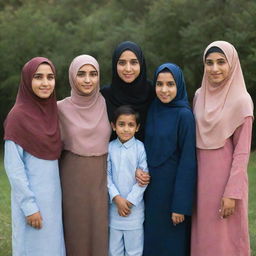 A respectful portrait of one brother standing next to his four sisters, all of whom are wearing hijabs and displaying warm family bonds.