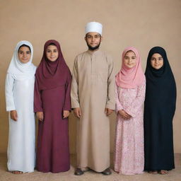 A respectful portrait of one brother standing next to his four sisters, all of whom are wearing hijabs and displaying warm family bonds.