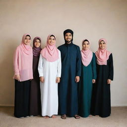 A respectful portrait of one brother standing next to his four sisters, all of whom are wearing hijabs and displaying warm family bonds.