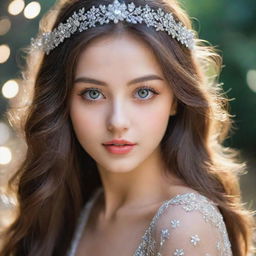 A beautiful girl, with sparkling eyes, long hair, and radiating with elegance