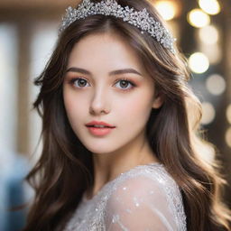 A beautiful girl, with sparkling eyes, long hair, and radiating with elegance