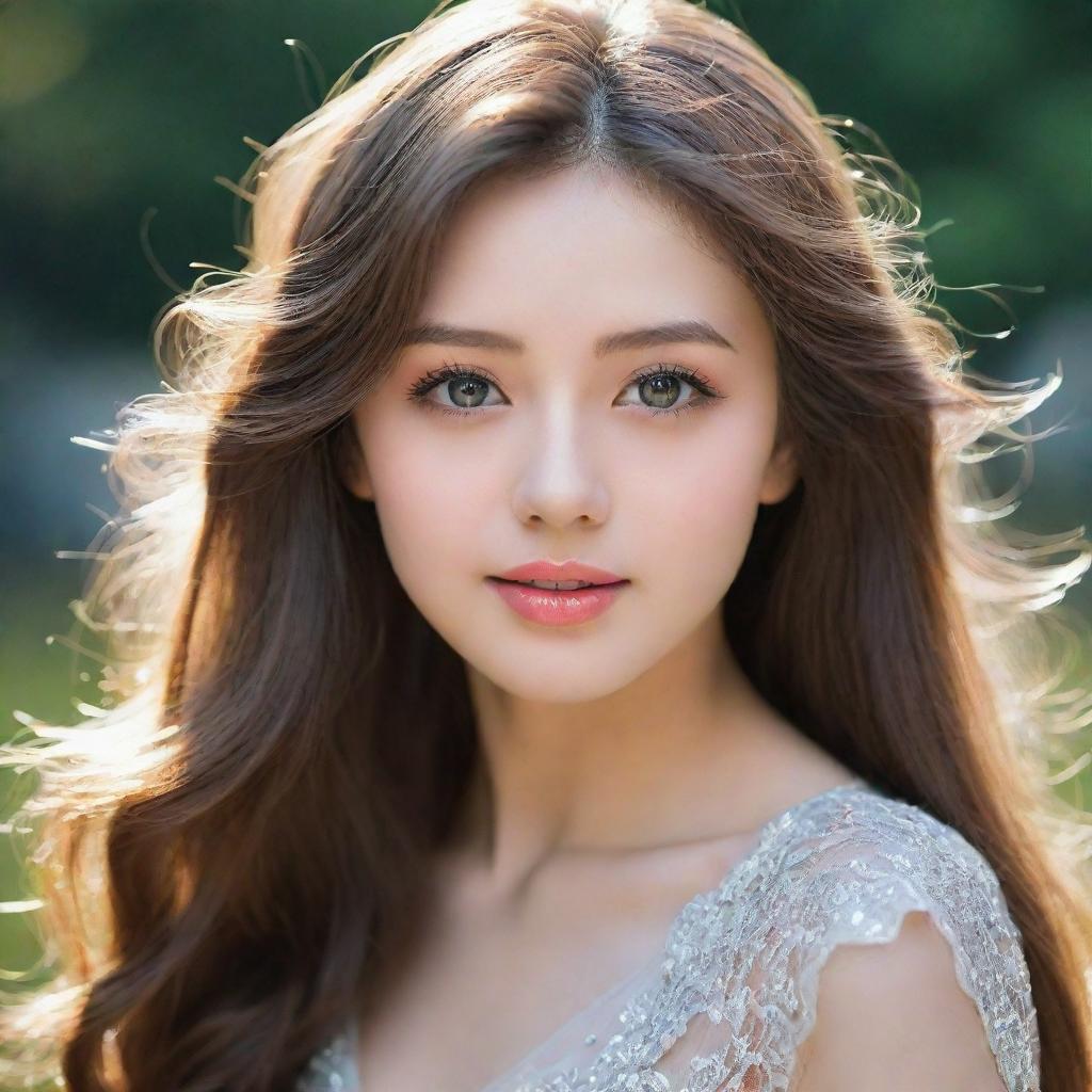 A beautiful girl, with sparkling eyes, long hair, and radiating with elegance