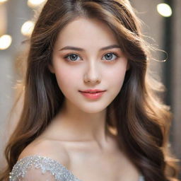 A beautiful girl, with sparkling eyes, long hair, and radiating with elegance