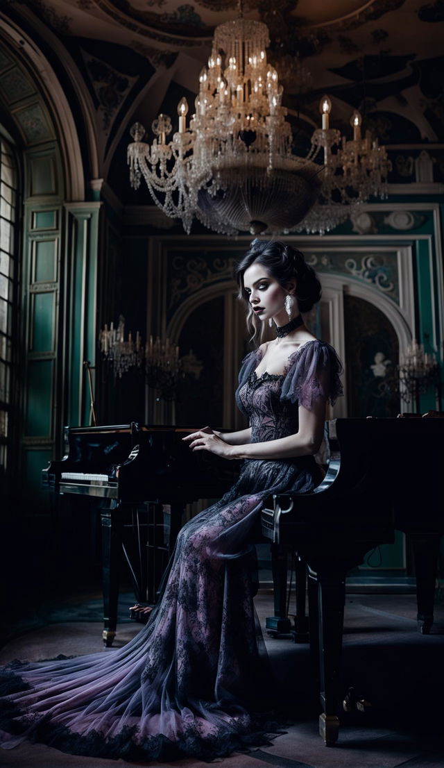 A beautiful woman with pastel hair, dressed in gothic attire, playing a grand piano in a pastel gothic castle interior. Her face is perfectly symmetrical, reflecting classic beauty ideals. A chandelier is lit behind her, and sunset light shines through a window.