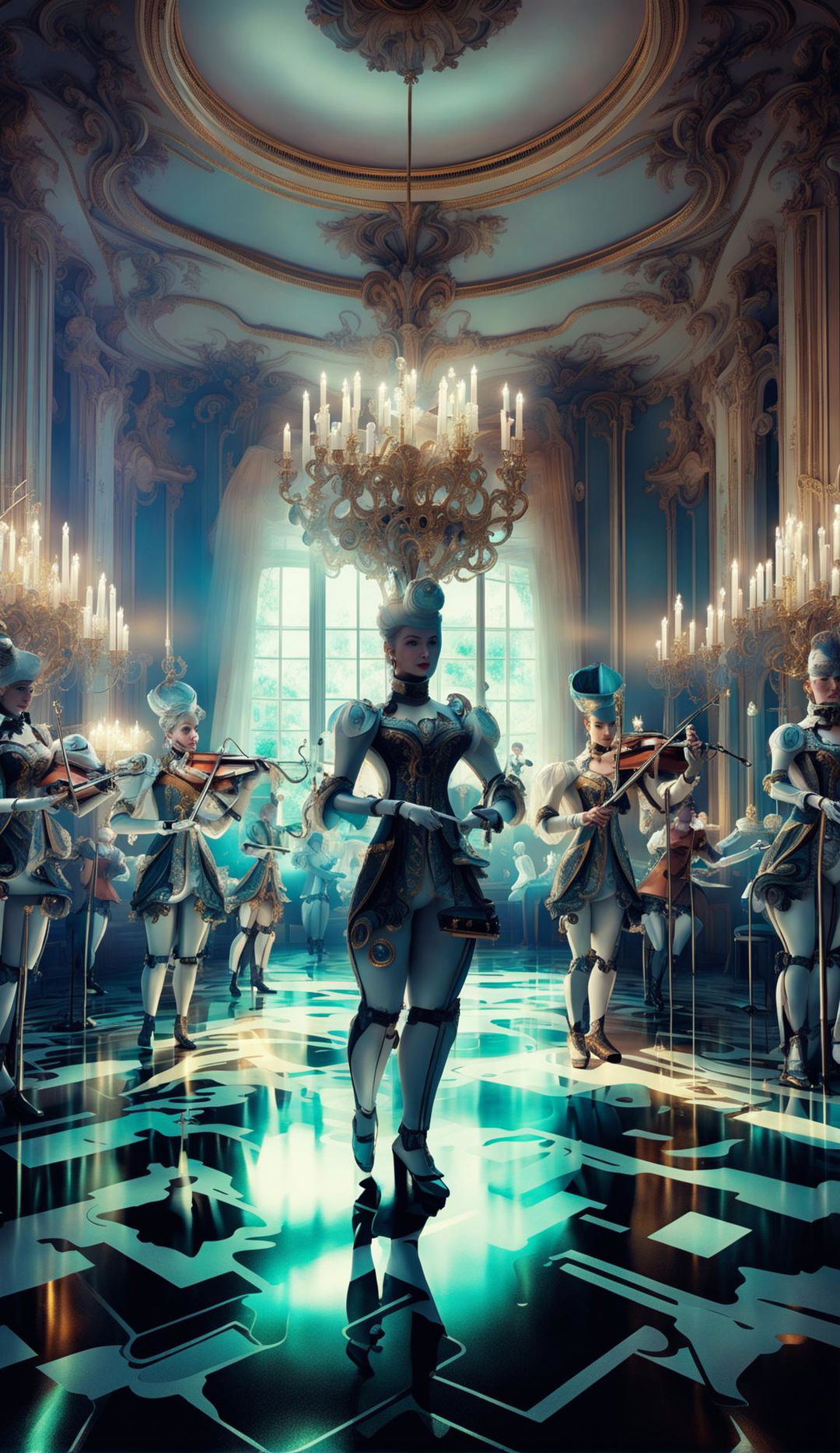 A digital art piece blending Rococo opulence with sci-fi elements in a grand ballroom setting filled with figures in illuminated Rococo-style clothing, a robotic orchestra, and neon-lit chandeliers.