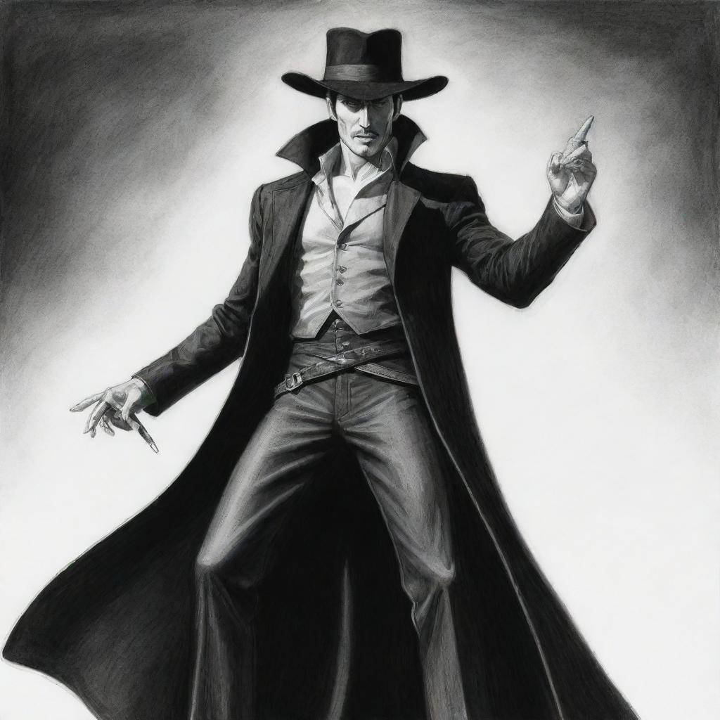 A pencil drawing of Dracula Mihawk, striking a dramatic pose in high-contrast monochrome