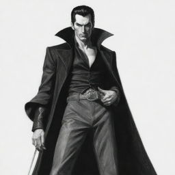 A pencil drawing of Dracula Mihawk, striking a dramatic pose in high-contrast monochrome