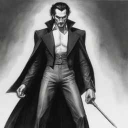 A pencil drawing of Dracula Mihawk, striking a dramatic pose in high-contrast monochrome