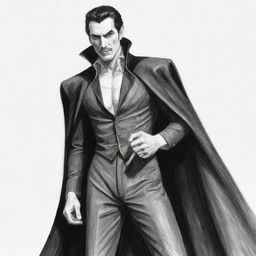 A pencil drawing of Dracula Mihawk, striking a dramatic pose in high-contrast monochrome