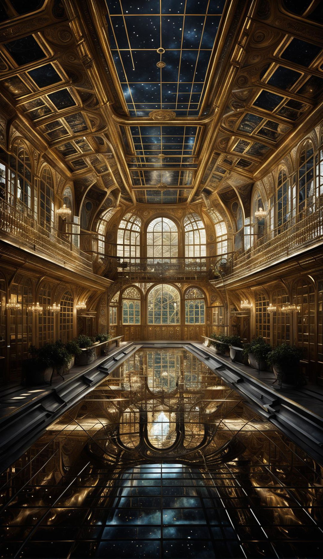 A Versailles-style spaceship in HD photograph, featuring ornate gold detailing, crystal windows, and an interior filled with celestial frescoes and energy orb chandeliers.