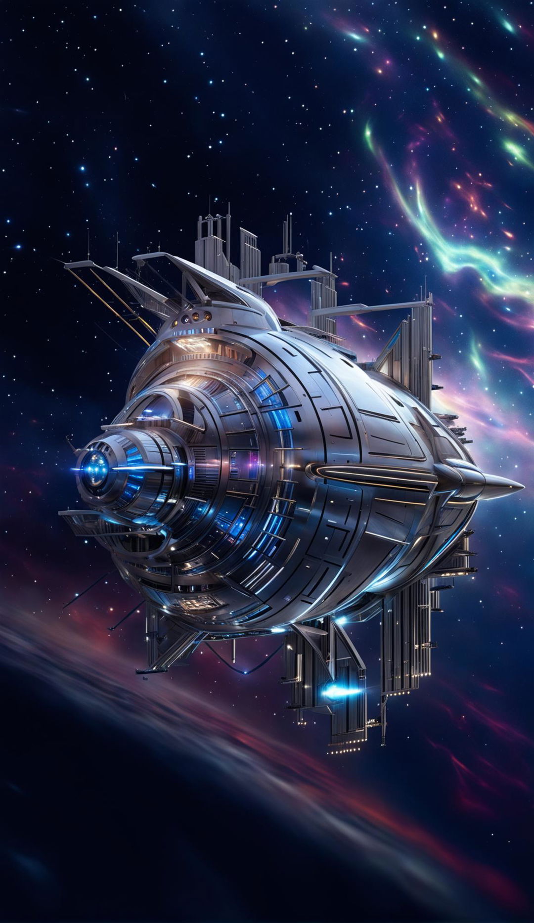 Exterior view of a futuristic spaceship against the backdrop of outer space.