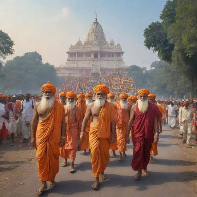 Generate an image featuring devout pilgrims journeying towards the Lord Ram Ayodhya Temple, highlighting the sense of unity and deep devotion. Show the cultural significance of this revered pilgrimage site.