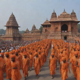 Generate an image featuring devout pilgrims journeying towards the Lord Ram Ayodhya Temple, highlighting the sense of unity and deep devotion. Show the cultural significance of this revered pilgrimage site.