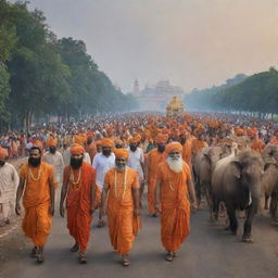 Generate an image featuring devout pilgrims journeying towards the Lord Ram Ayodhya Temple, highlighting the sense of unity and deep devotion. Show the cultural significance of this revered pilgrimage site.