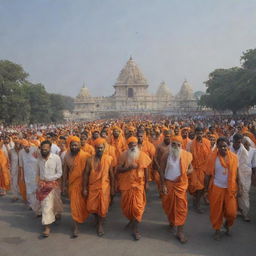 Generate an image featuring devout pilgrims journeying towards the Lord Ram Ayodhya Temple, highlighting the sense of unity and deep devotion. Show the cultural significance of this revered pilgrimage site.