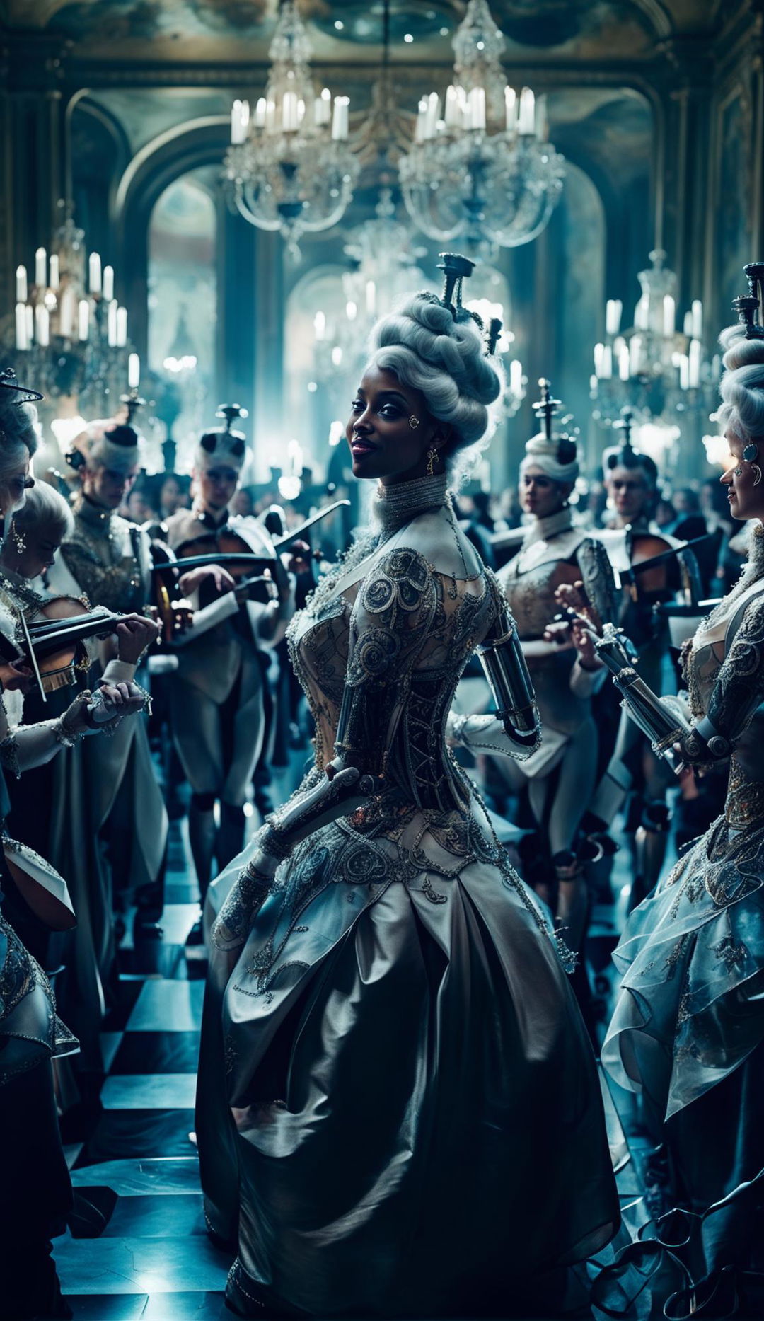 A candid photograph capturing a group of beautiful people in a photorealistic fusion of Rococo and sci-fi elements in a grand ballroom.