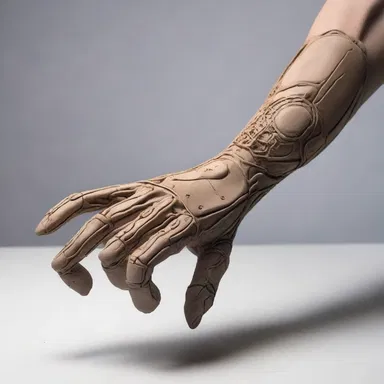 The artist crafted a detailed prosthetic arm out of clay.