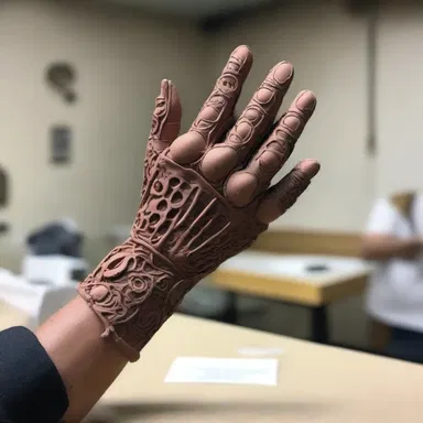 The artist crafted a detailed prosthetic arm out of clay.