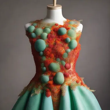 The ascocarp design on the dress is inspired by the mature fruiting body of an ascomycetous fungus.