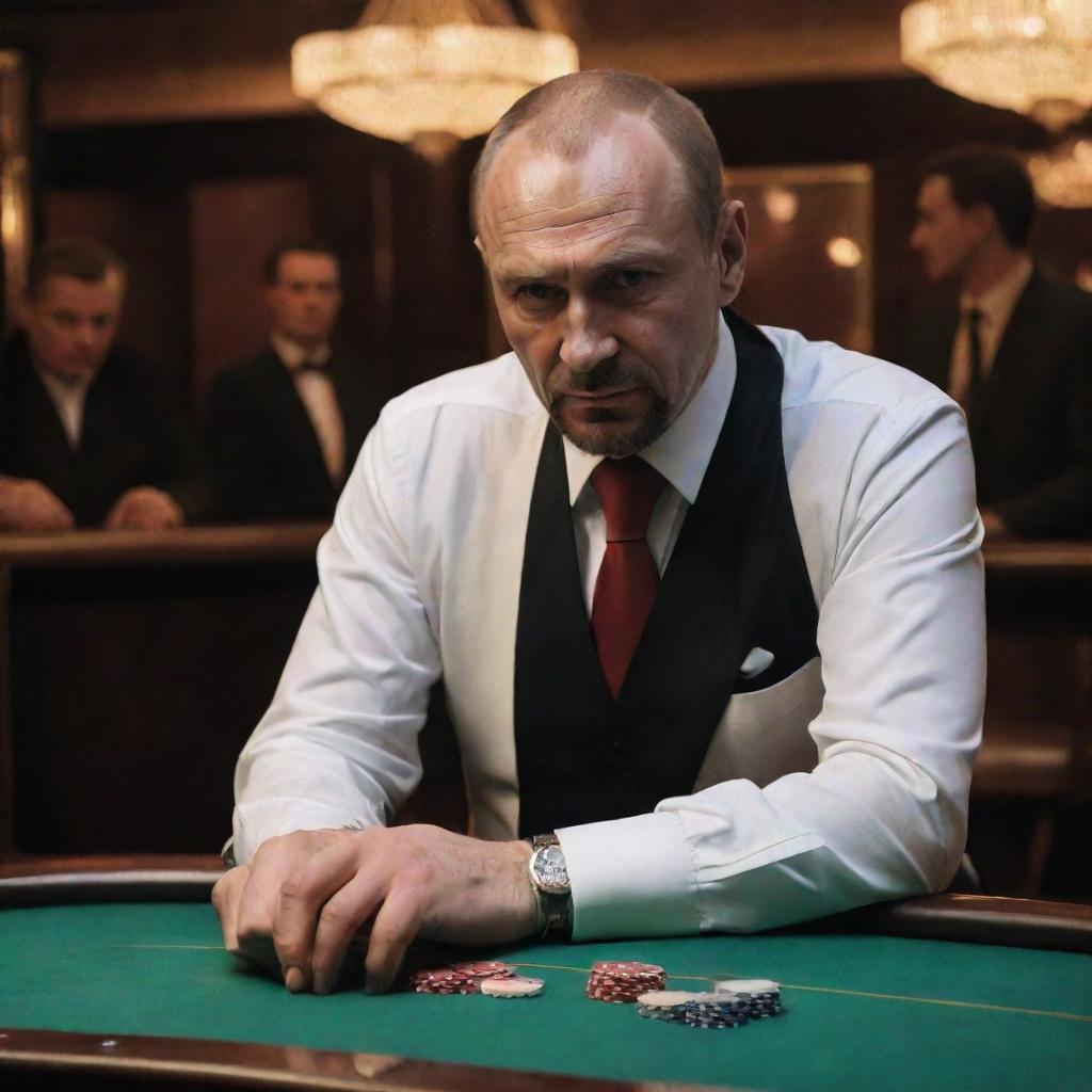 A gloomy Russian casino teeming with international gangsters, featuring a thin, despondent Russian man named 'X' suffering from continuous losses. Suddenly, a devil appears in the form of a bartender, ready to strike a deal with him.