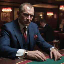 A gloomy Russian casino teeming with international gangsters, featuring a thin, despondent Russian man named 'X' suffering from continuous losses. Suddenly, a devil appears in the form of a bartender, ready to strike a deal with him.