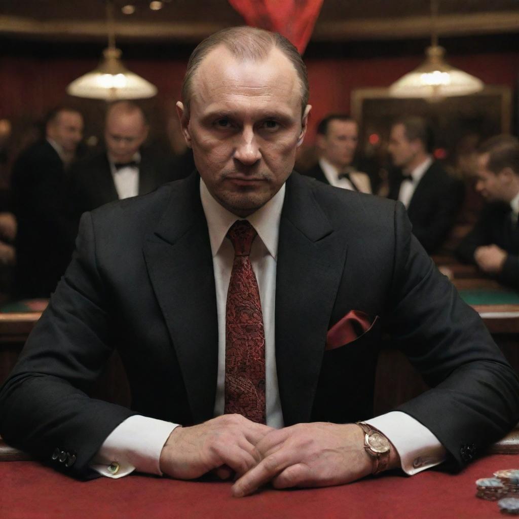 A gloomy Russian casino teeming with international gangsters, featuring a thin, despondent Russian man named 'X' suffering from continuous losses. Suddenly, a devil appears in the form of a bartender, ready to strike a deal with him.