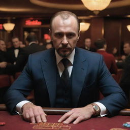 A gloomy Russian casino teeming with international gangsters, featuring a thin, despondent Russian man named 'X' suffering from continuous losses. Suddenly, a devil appears in the form of a bartender, ready to strike a deal with him.