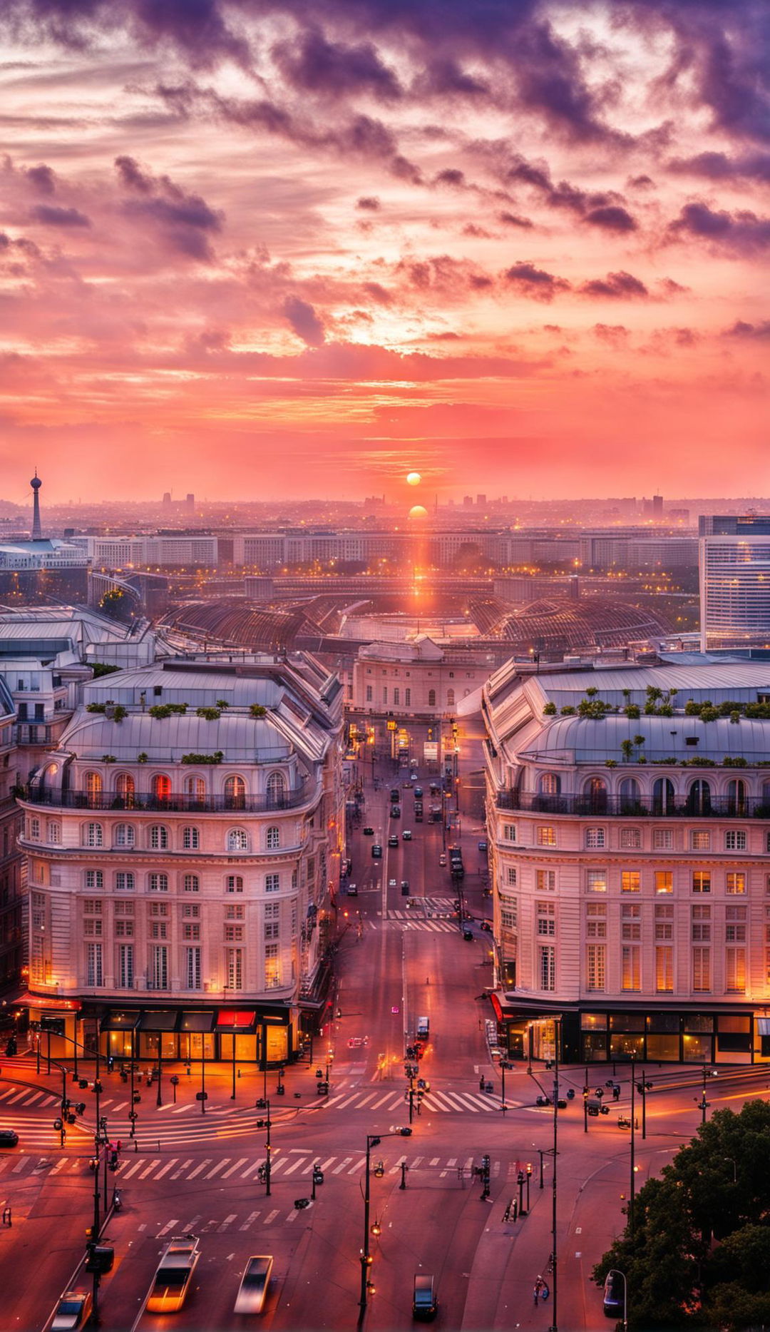 A cityscape combining Versailles grandeur with modern skyscrapers at sunset.