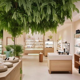 A tranquil skincare shop interior with botanical decorations, a serene color palette, organized product displays, and a relaxation zone with comfortable seating.