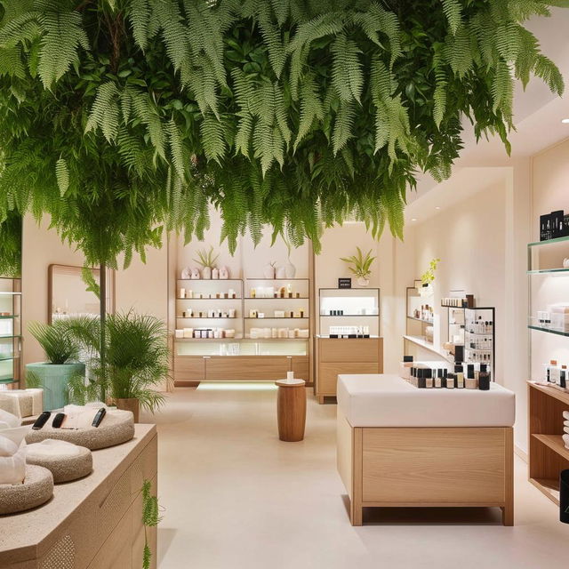 A tranquil skincare shop interior with botanical decorations, a serene color palette, organized product displays, and a relaxation zone with comfortable seating.