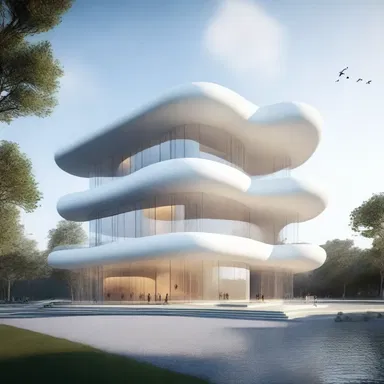 The architect designed a highly innovative building with an atomization theme, where the structure appeared to be breaking down into tiny atomic particles.
