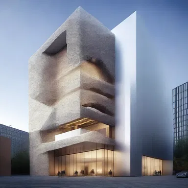 The atomization of a building's exterior facade into smaller components creates a dynamic visual effect.