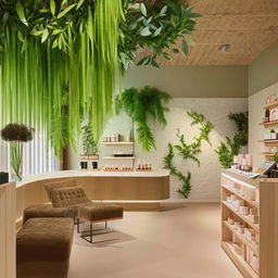 A tranquil skincare shop interior with botanical decorations, a serene color palette, organized product displays, and a relaxation zone with comfortable seating.