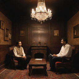 The existing dimly lit poetry stage now with two people of Pakistani descent sitting comfortably on the antique furniture, engrossed in conversation amidst the cozy, vintage environment.