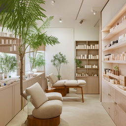 A tranquil skincare shop interior with botanical decorations, a serene color palette, organized product displays, and a relaxation zone with comfortable seating.