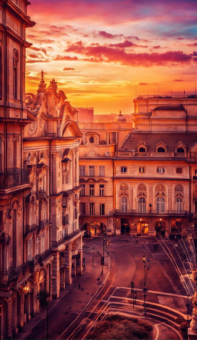 An opulent Baroque-style cityscape bathed in the glow of a sunset.