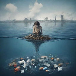 A visually striking poster that represents the concept of water pollution. It should be impactful, and utilize elements such as polluted bodies of water, industrial waste, and aquatic life in distress to showcase the severity of water pollution.