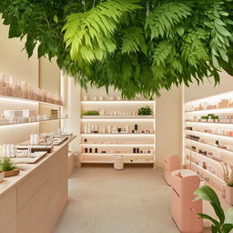 A tranquil skincare shop interior with botanical decorations, a serene color palette, organized product displays, and a relaxation zone with comfortable seating.