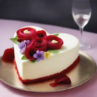 As part of a romantic gesture, the baker prepared a heart-shaped cake and decorated it with edible flowers for his wife on their anniversary.
