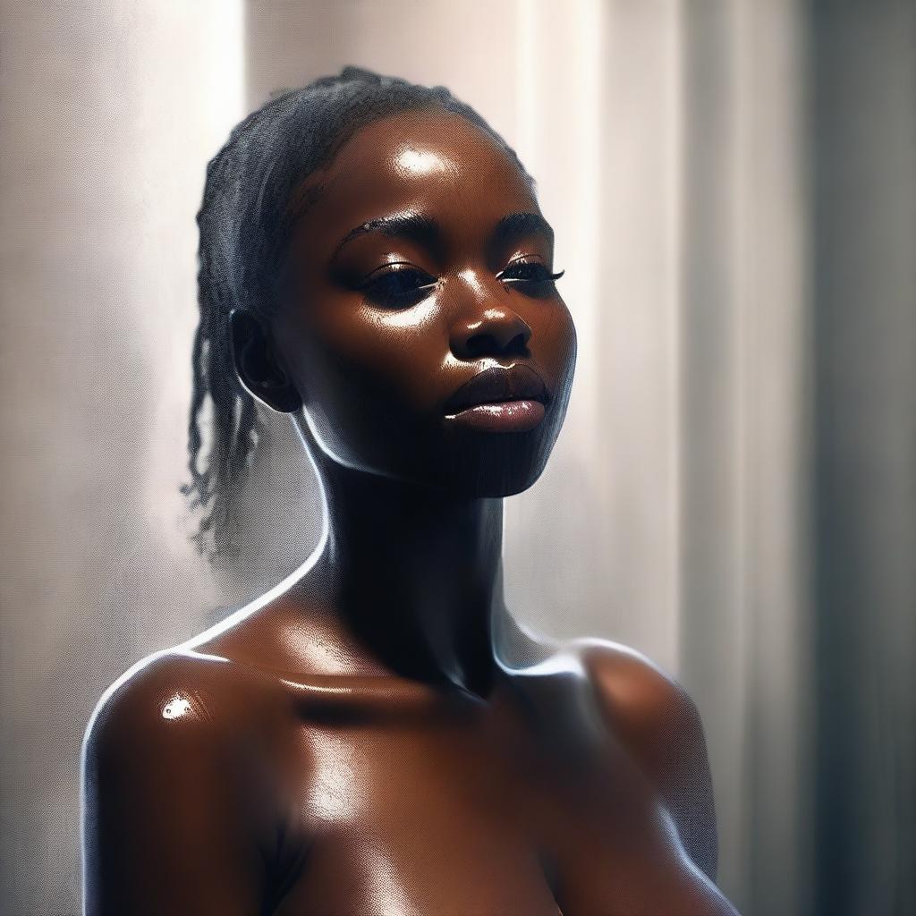 A hyper-realistic digital painting of a dark-skinned 18-year-old woman in a shower scene