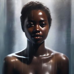 A hyper-realistic digital painting of a dark-skinned 18-year-old woman in a shower scene