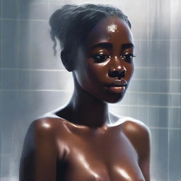 A hyper-realistic digital painting of a dark-skinned 18-year-old woman in a shower scene