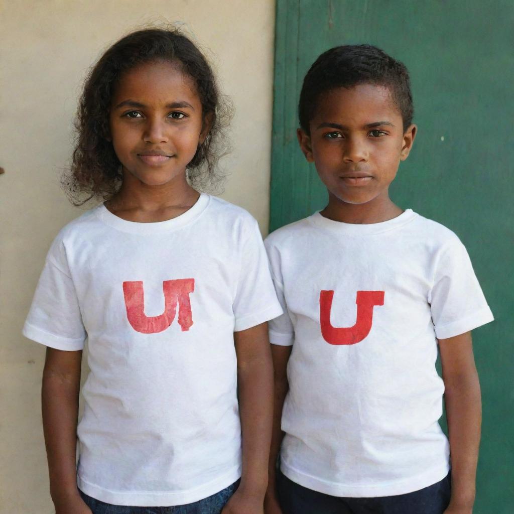 A young girl wearing a shirt emblazoned with the letter 'M', standing side by side with a boy wearing a shirt with the letter 'U'.