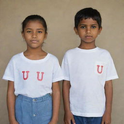 A young girl wearing a shirt emblazoned with the letter 'M', standing side by side with a boy wearing a shirt with the letter 'U'.