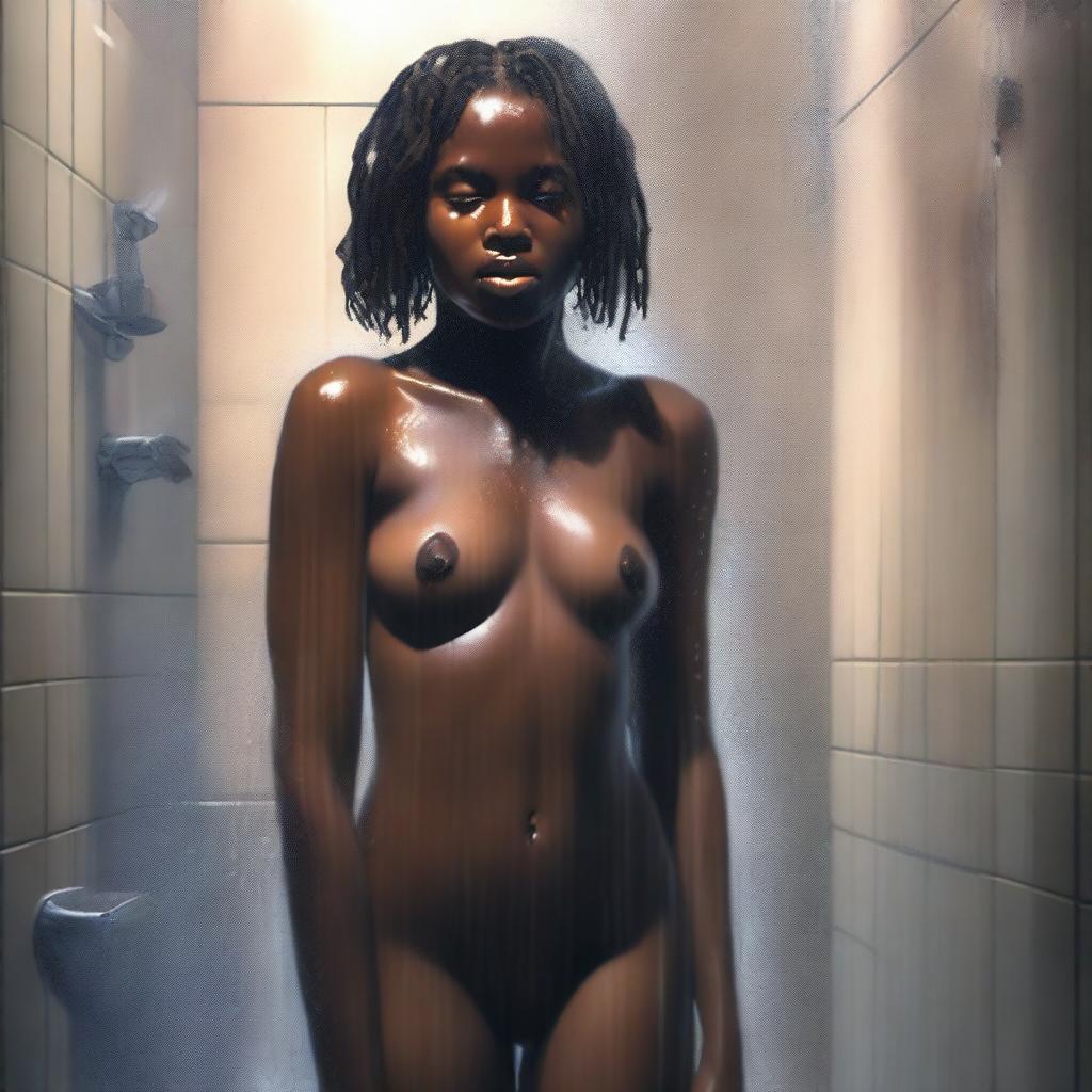 A hyper-realistic digital painting showcasing a full-body view of a dark-skinned 18-year-old woman in a shower scene