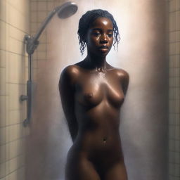 A hyper-realistic digital painting showcasing a full-body view of a dark-skinned 18-year-old woman in a shower scene