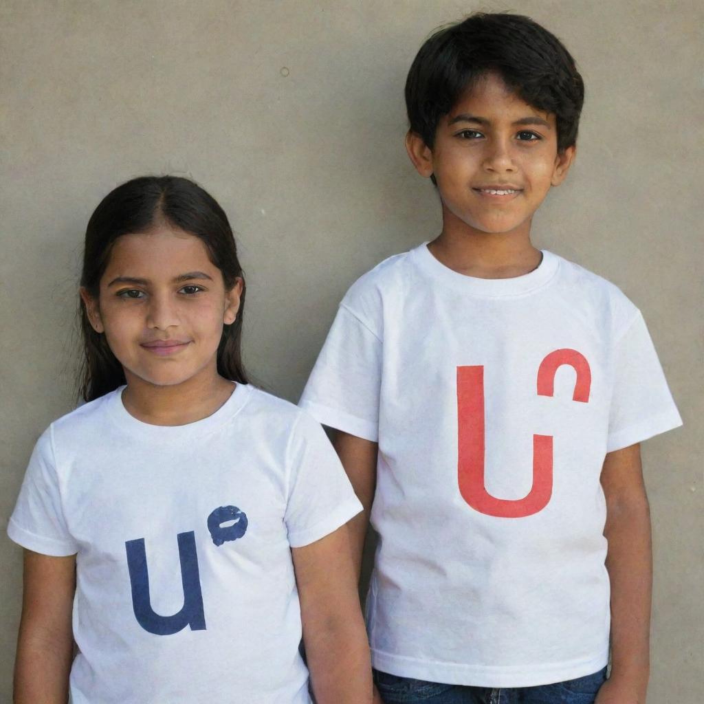 A young girl wearing a shirt emblazoned with the letter 'M', standing side by side with a boy wearing a shirt with the letter 'U'.